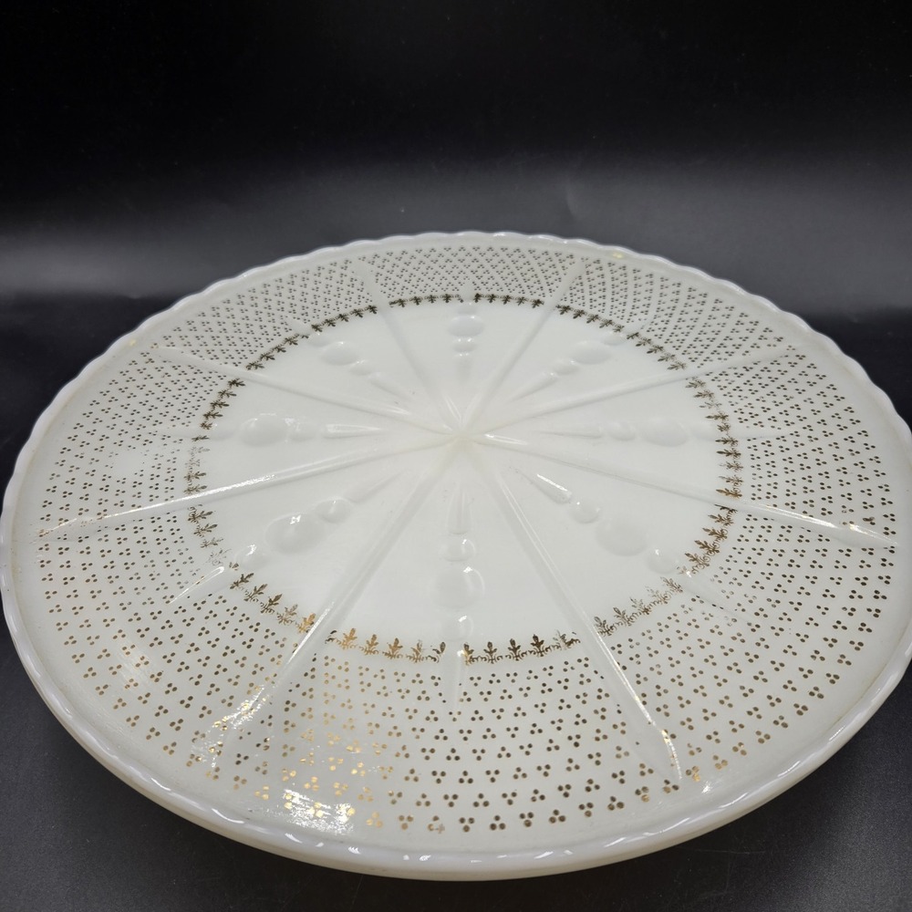 Vtg MCM Anchor Hocking Retired Milk Glass Pedestal Cake Stand Scalloped Rim Gold